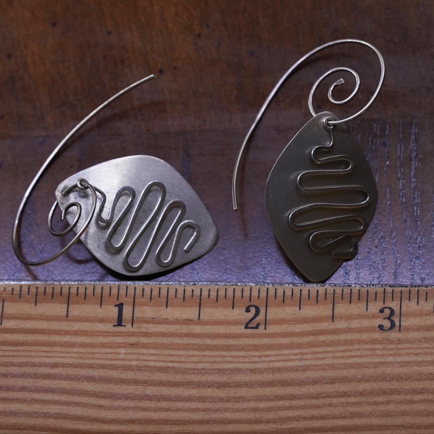 Mexican Sterling silver earrings, 925 Hammered disc swirly sprial dangles