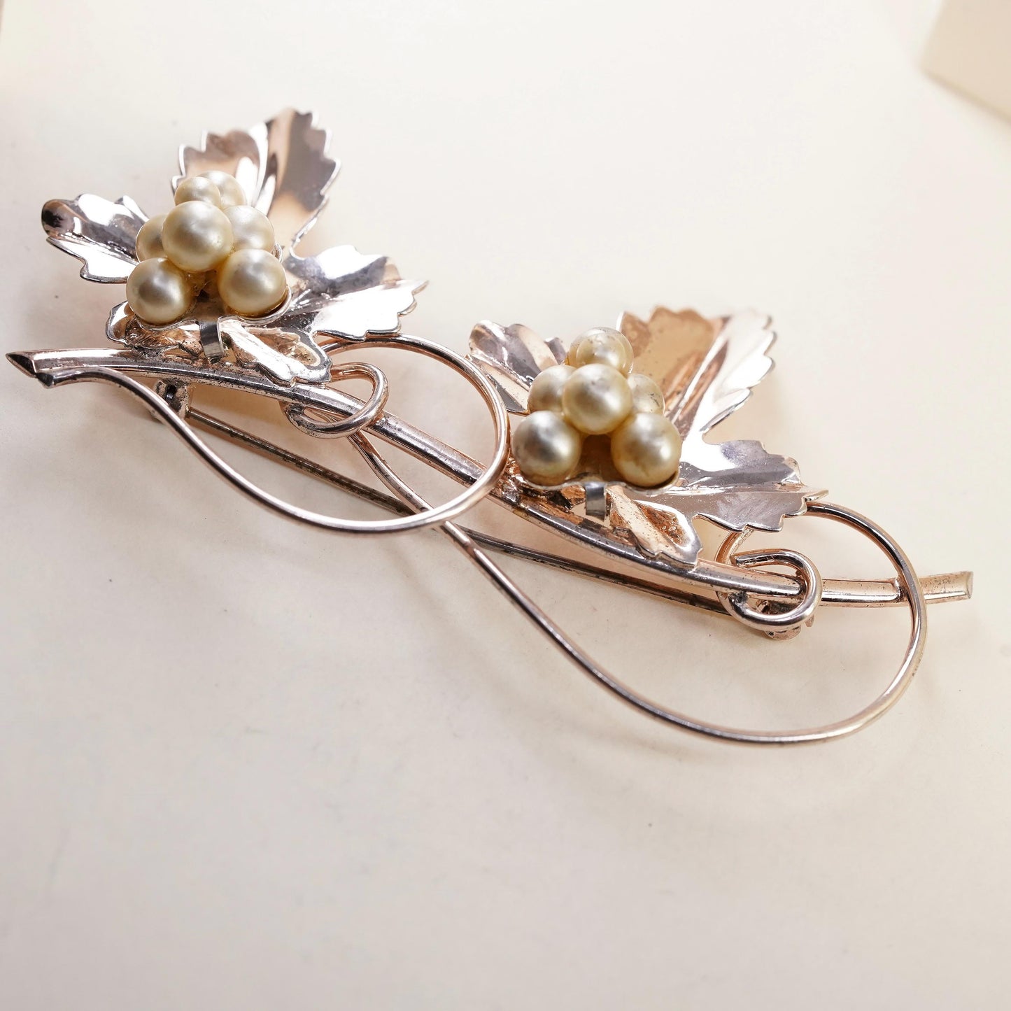Vintage 1930s gold plated Sterling 925 silver faux pearl grape vines brooch