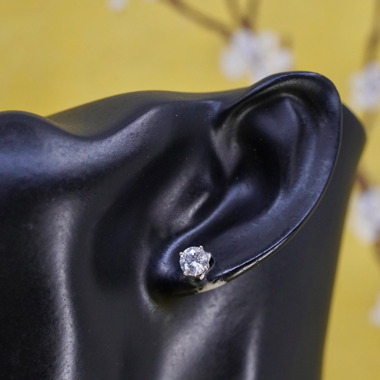 6mm, vintage Sterling silver clear round crystal studs, cz earrings