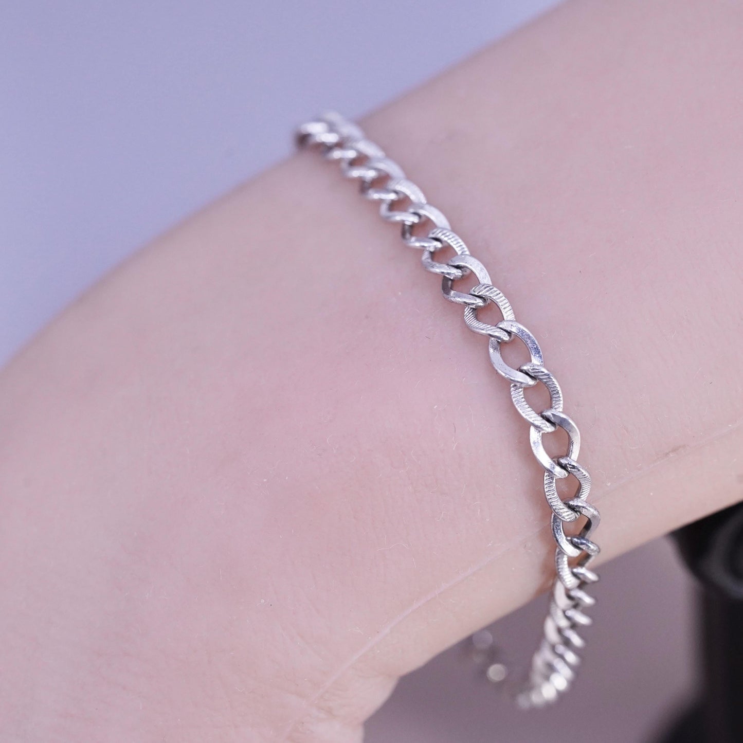 6.75”, vintage Sterling silver handmade bracelet, textured 925 curb link chain