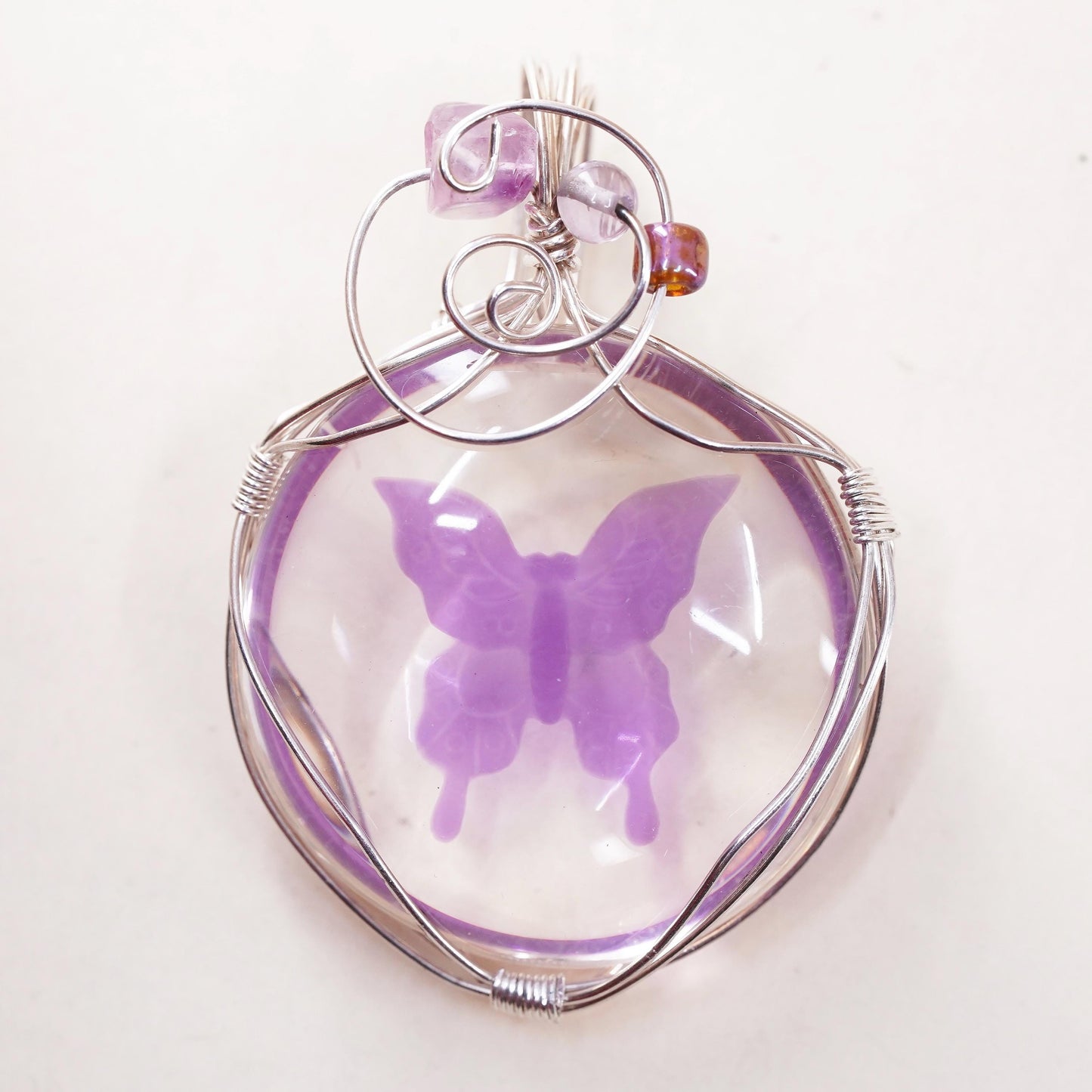 VTG Mexican sterling silver wire dichroic foiled glass purple butterfly pendant