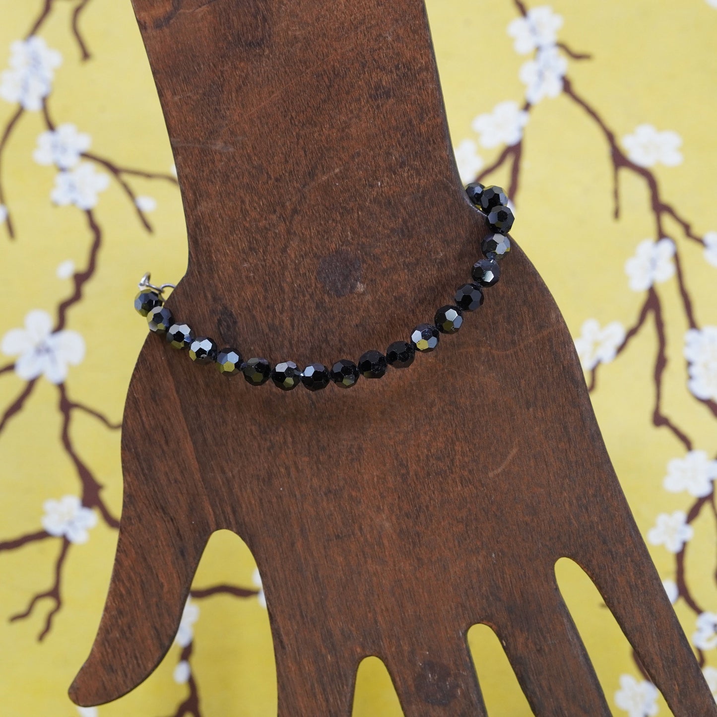 7”, vintage Sterling 925 silver beads bracelet with black crystal