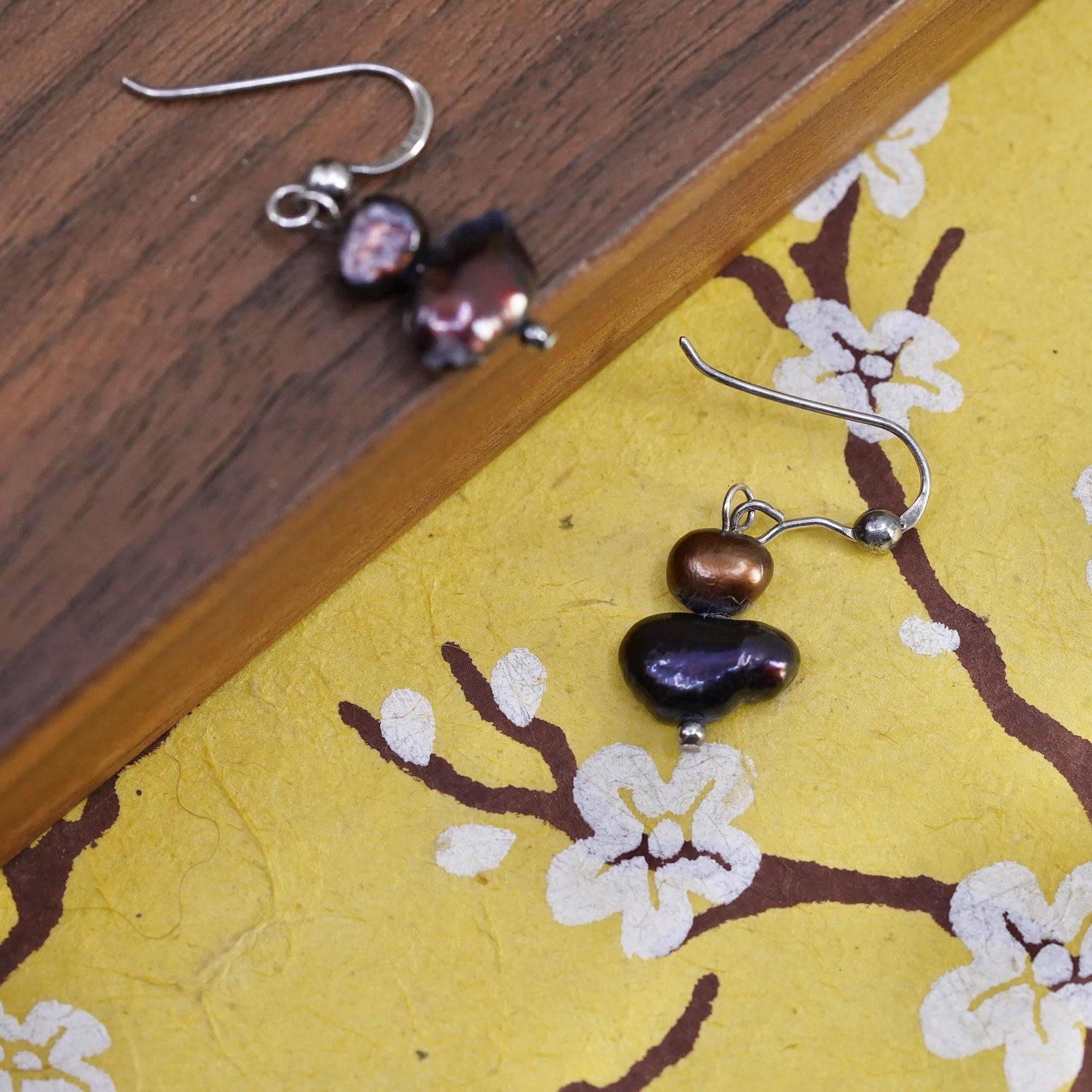 Vintage Sterling 925 silver handmade earrings with black pearl