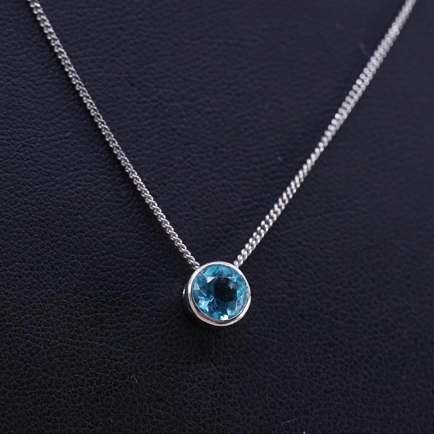 18”, vintage Sterling silver handmade necklace, 925 curb chain blue cz pendant