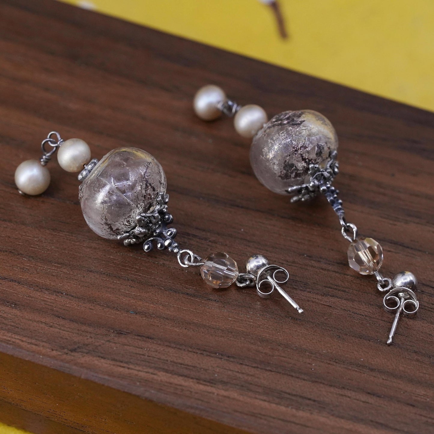 Vintage Sterling silver handmade earrings, solid 925 silver glass beads