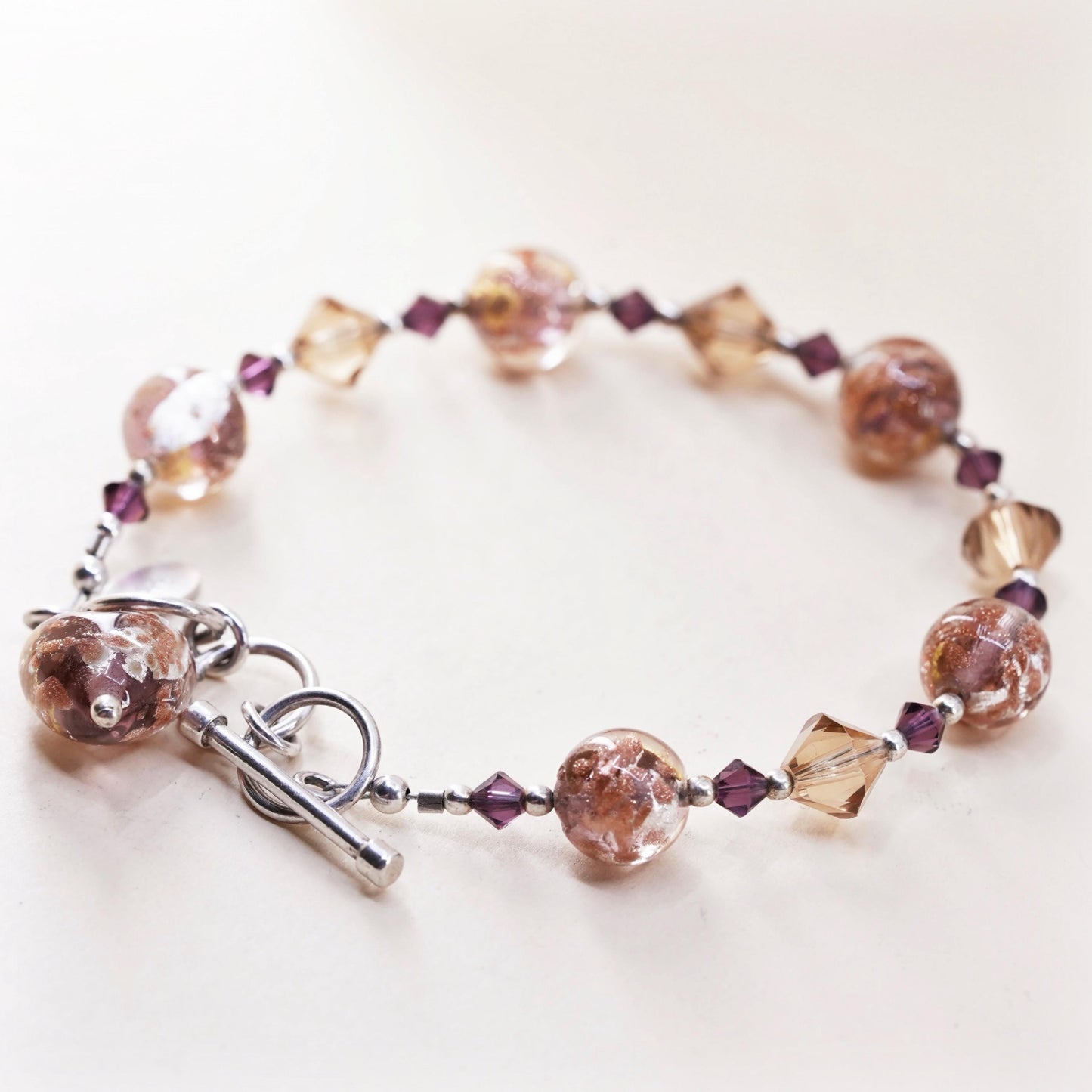 7.5+0.5" 925 Sterling silver bracelet artisan orange glass beads toggle closure
