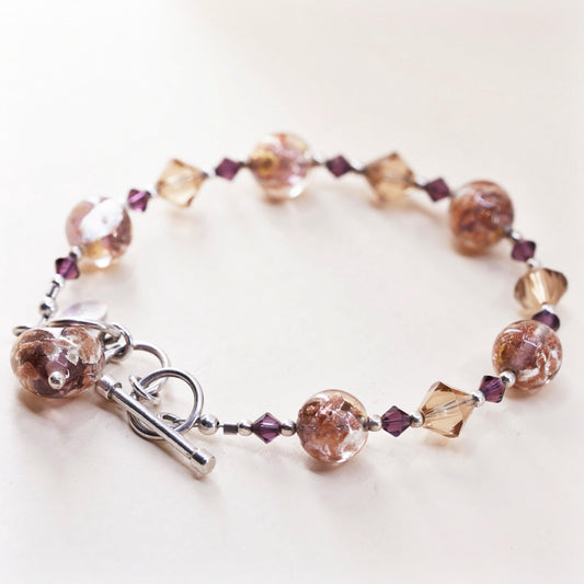 7.5+0.5" 925 Sterling silver bracelet artisan orange glass beads toggle closure