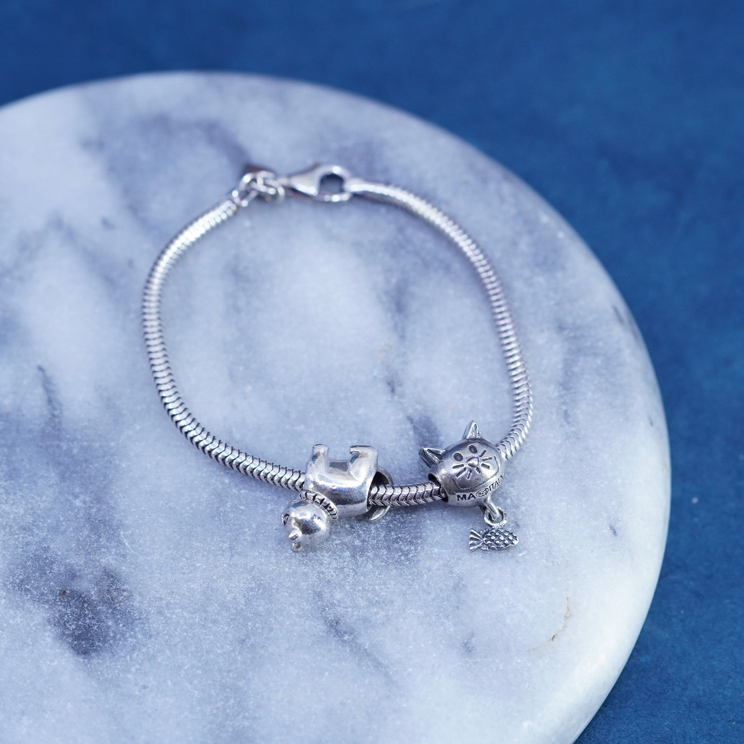 7”, Italy Michael Anthony Sterling silver bracelet, 925 snake chain cat charms
