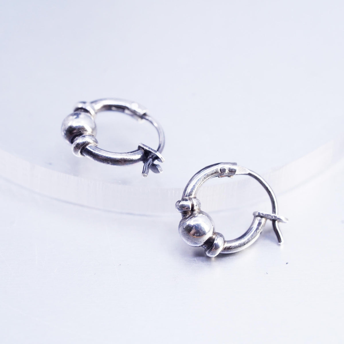 10mm, vintage Sterling silver handmade earrings, 925 Huggie hoops with bead
