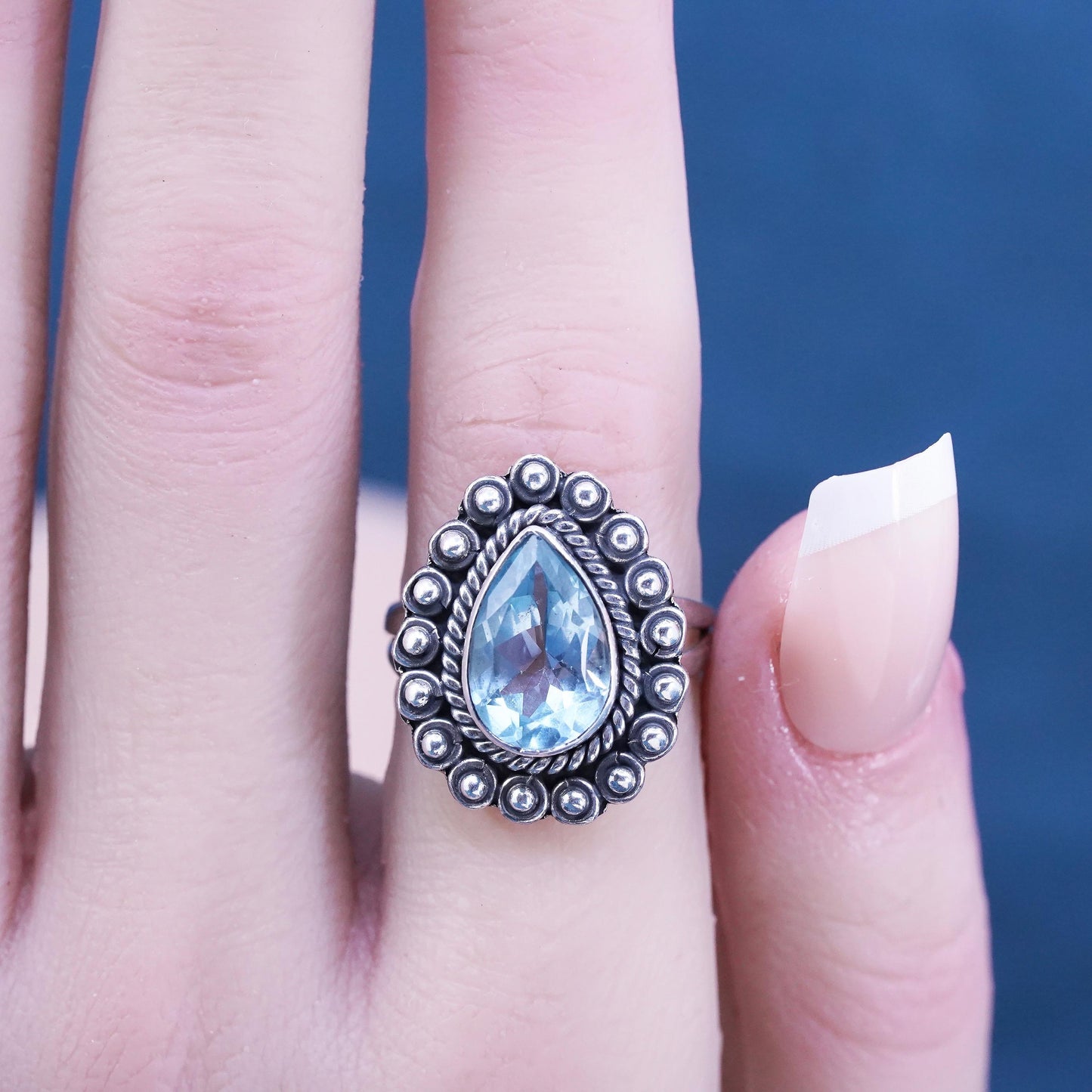 Size 7.25, vintage YS Sterling 925 silver handmade ring teardrop topaz beads