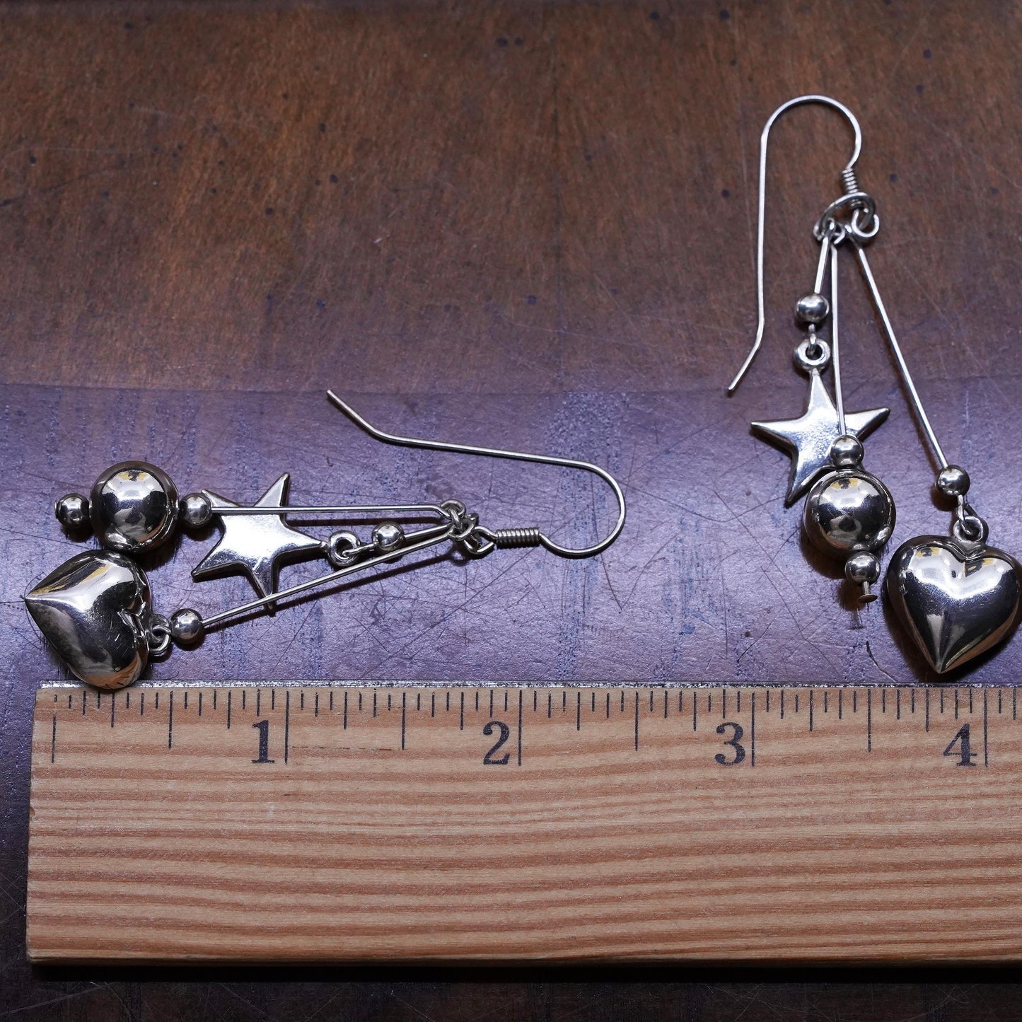 Vintage Sterling silver handmade earrings, 925 heart star bead dangles