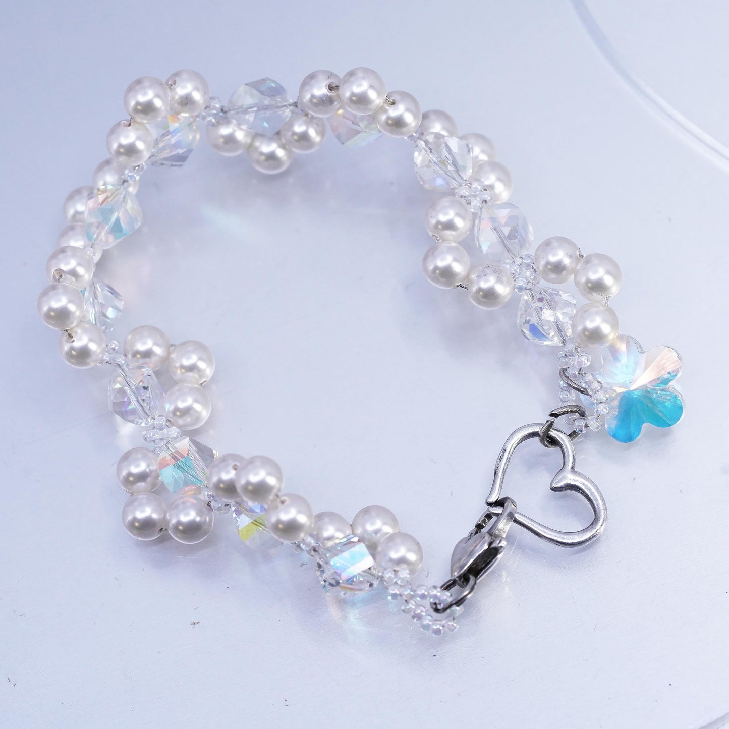 7.25", Sterling 925 silver bracelet cluster faux pearl, AB crystal heart clasp