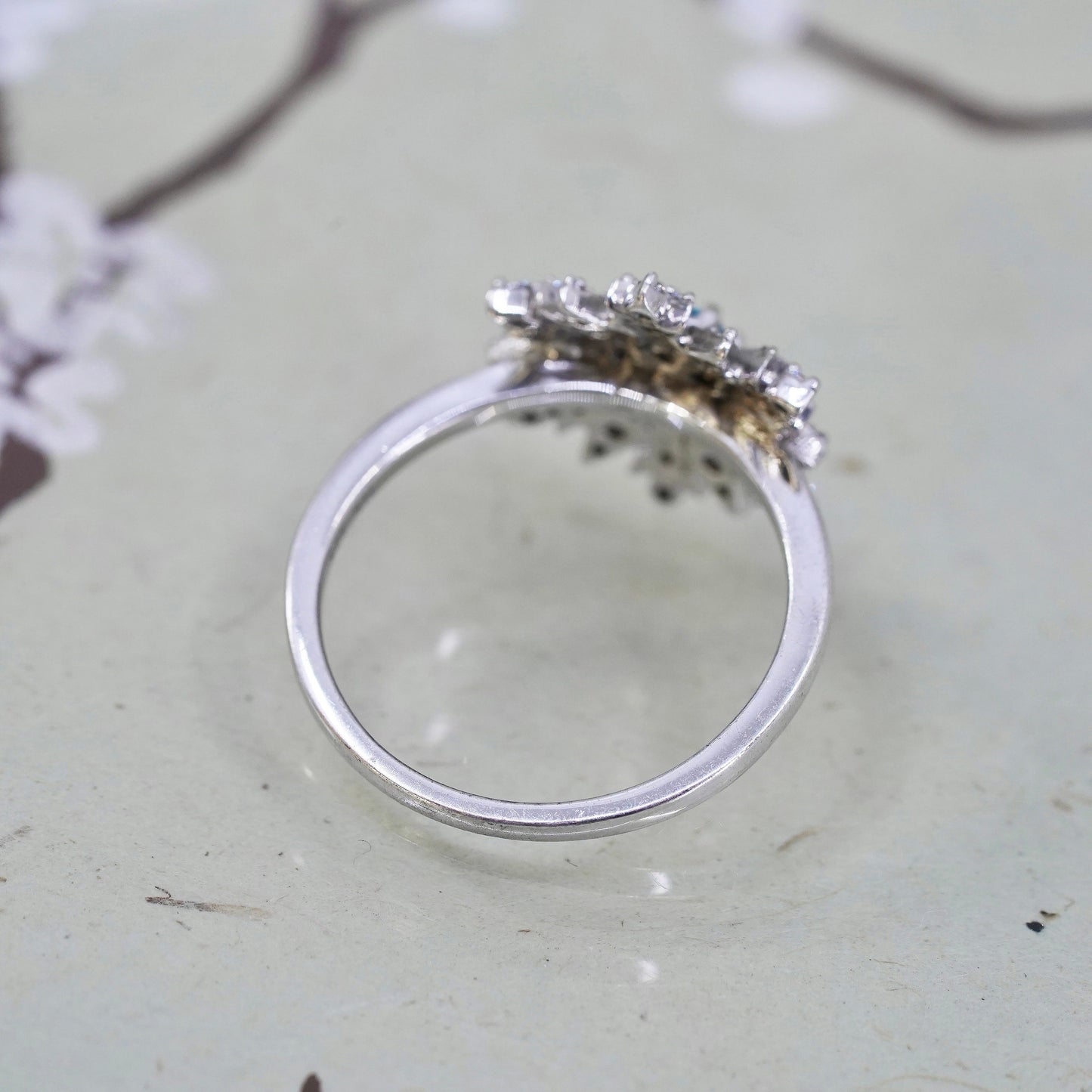 Size 8.75, 925 Sterling silver snowfalke ring with CZ cluster, engagement ring