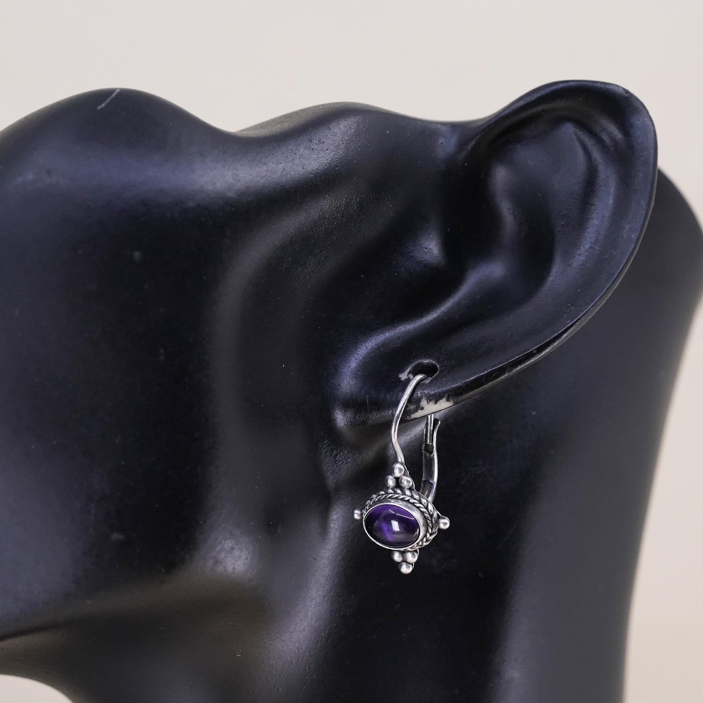 Vintage Sterling 925 silver handmade earrings with circle amethyst and beads