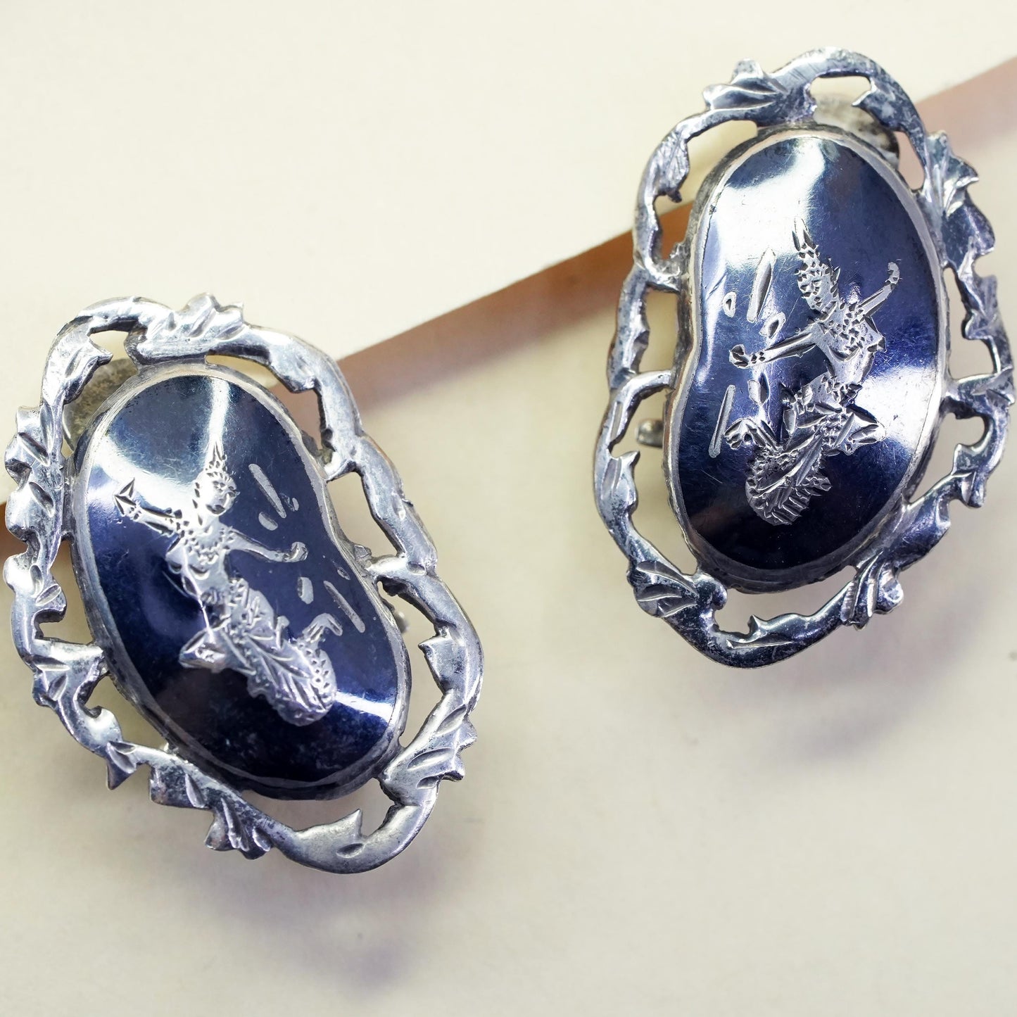 Vintage Sterling silver handmade earrings, oxidized 925 clip on Indian goddess
