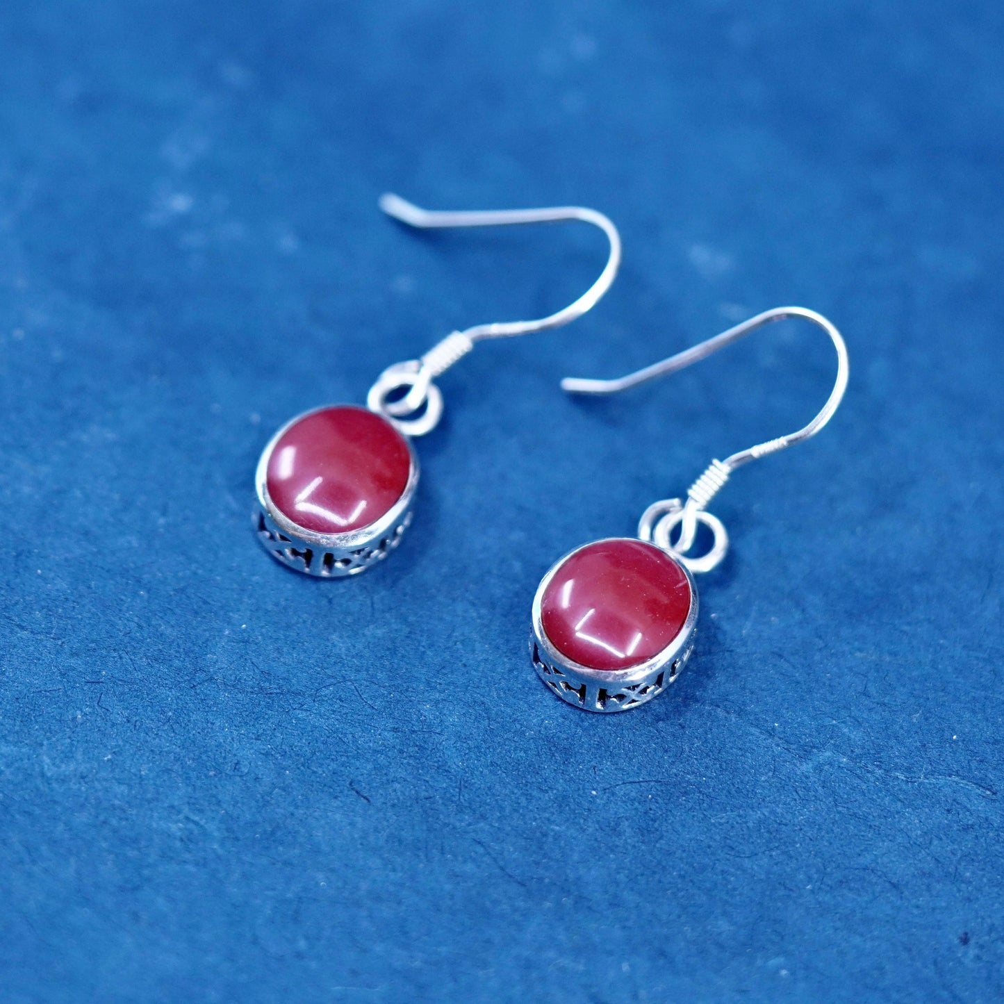 Vintage Sterling silver handmade earrings, 925 oval dangles w/ red enamel inlay