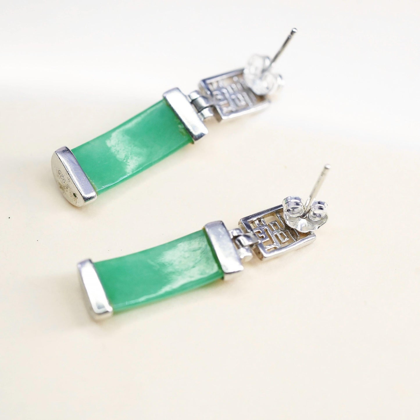 Vintage sterling silver 925 handmade with jade earrings w/ Chinese “ longevity”