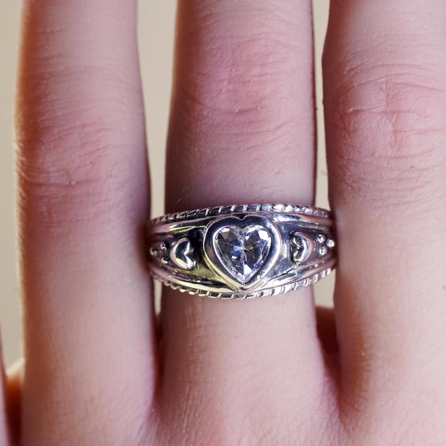 Size 10, Vintage sterling silver handmade ring, engagement ring with heart cz