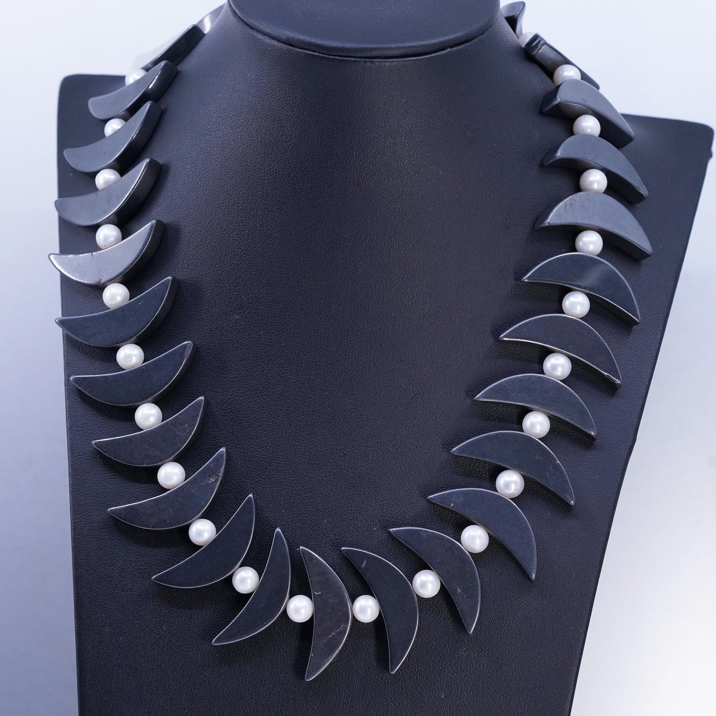 18", Vintage Sterling 925 silver necklace hematite moon, pearl toggle closure