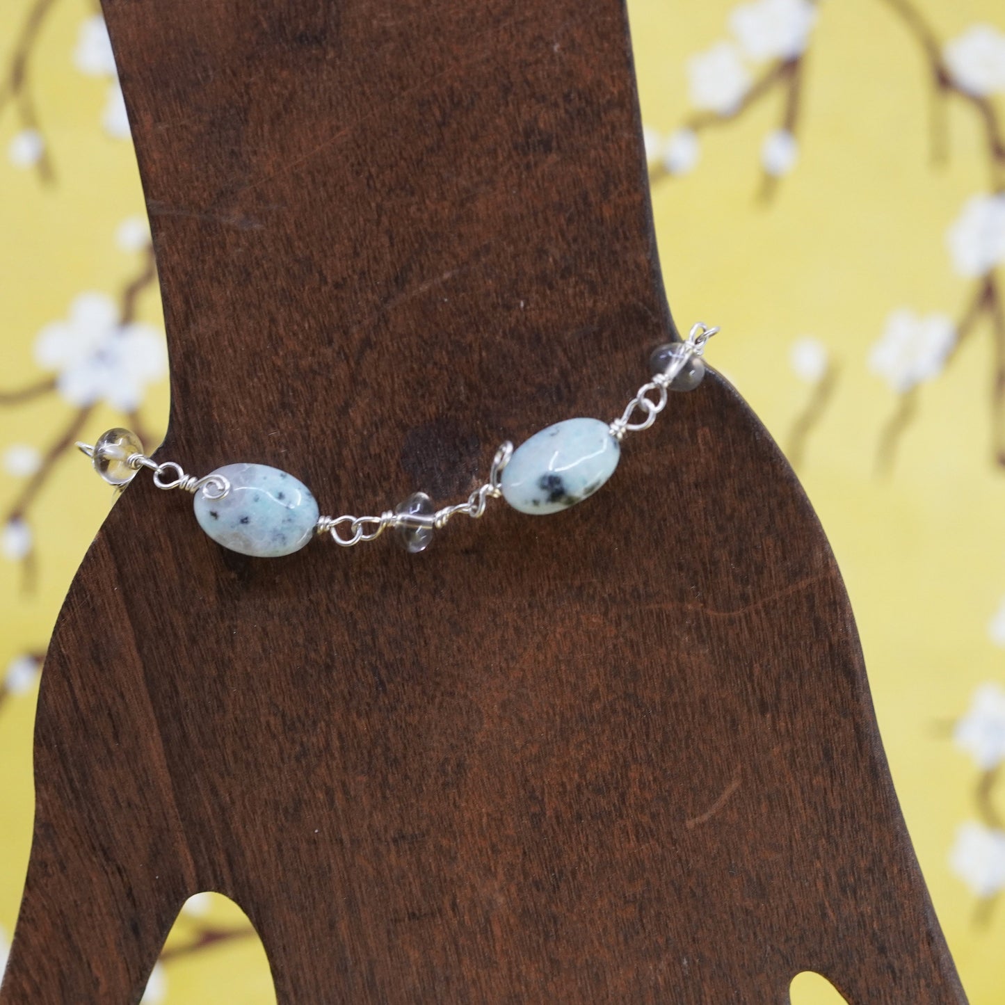 5.75”, Vintage Sterling 925 silver handmade bracelet w/ Jasper nuggets bracelet