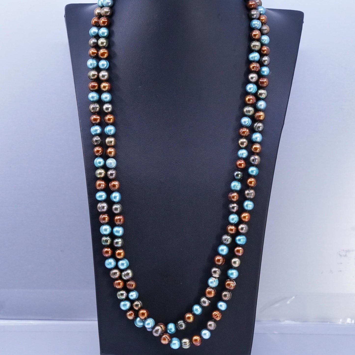 52”, Sterling 925 silver extra long necklace multi color freshwater pearl beads