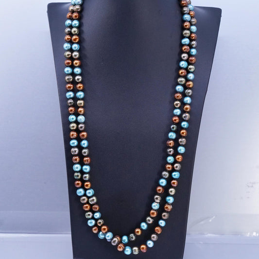 52”, Sterling 925 silver extra long necklace multi color freshwater pearl beads