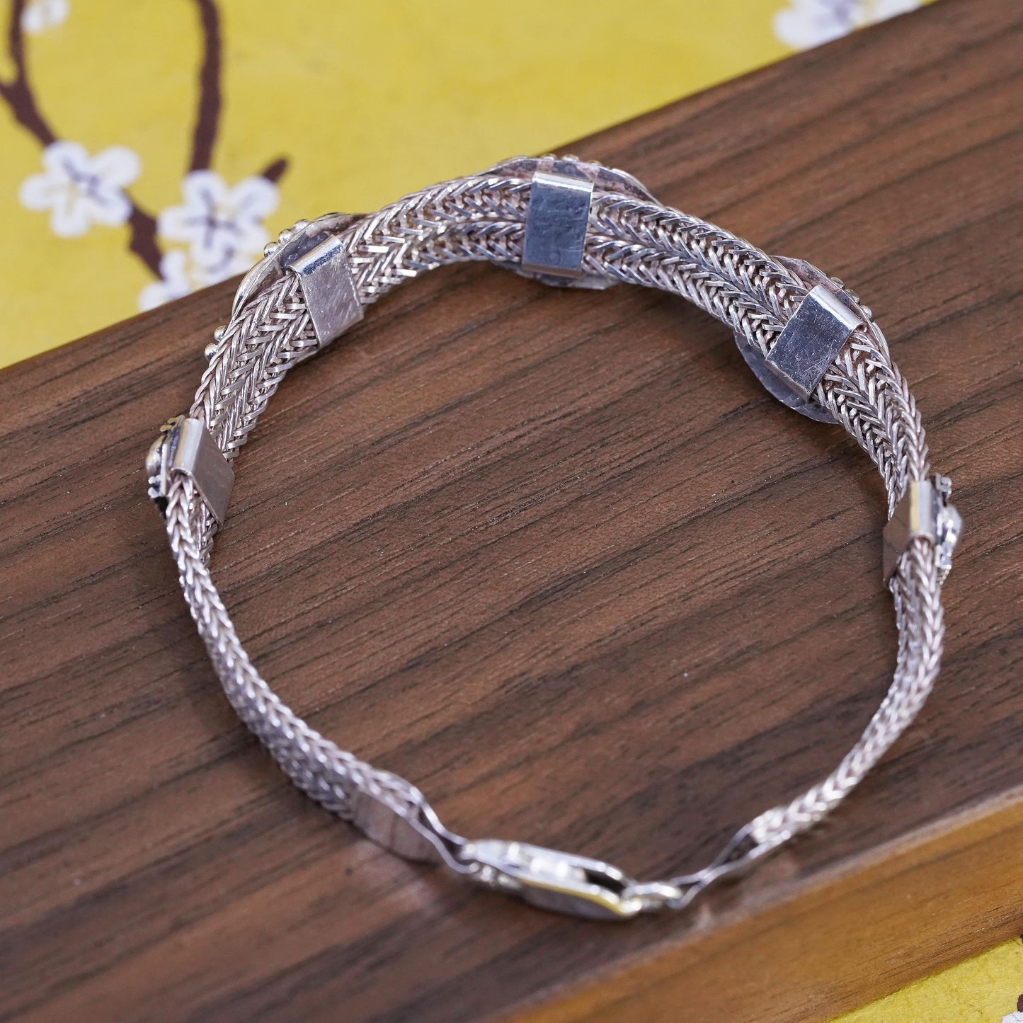 7”, VTG sterling silver bracelet, multi strands 925 wheat chain oval carnelian
