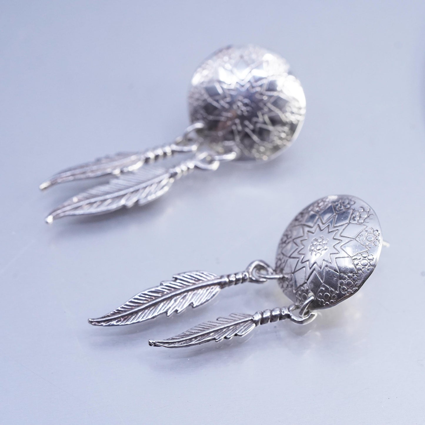 Native American Earson Sterling silver earrings, 925 disc feather dangles