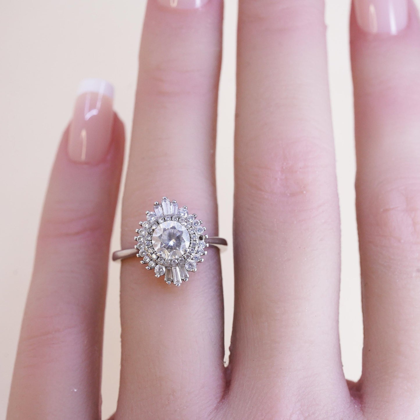 Size 4.5, 925 Sterling silver ring with crystal and CZ cluster, engagement ring