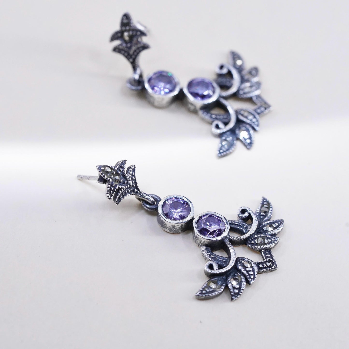 Art Deco 925 sterling silver earrings teardrop amethyst and cluster marcasite