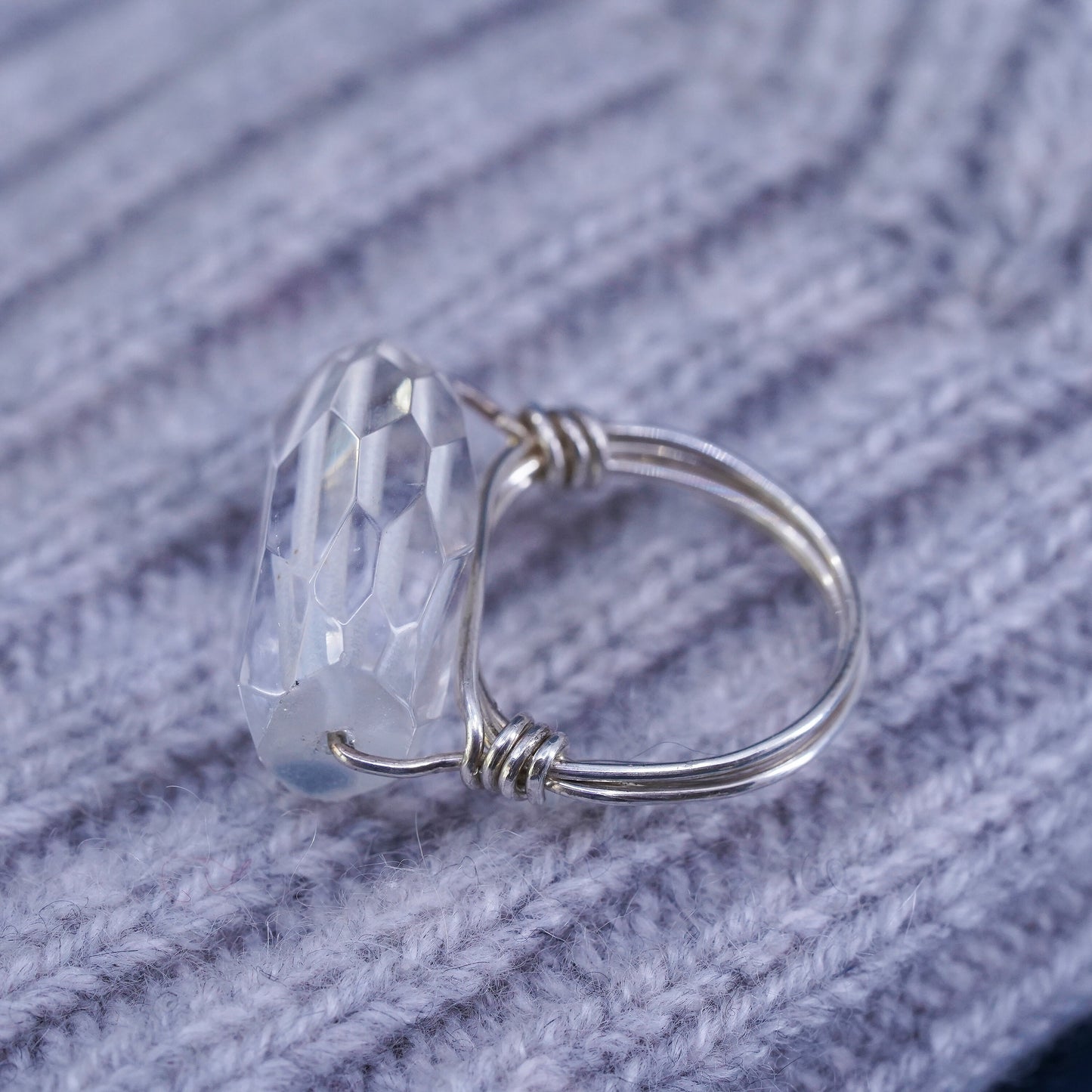 Size 5, vintage Sterling 925 silver handmade ring with clear crystal details