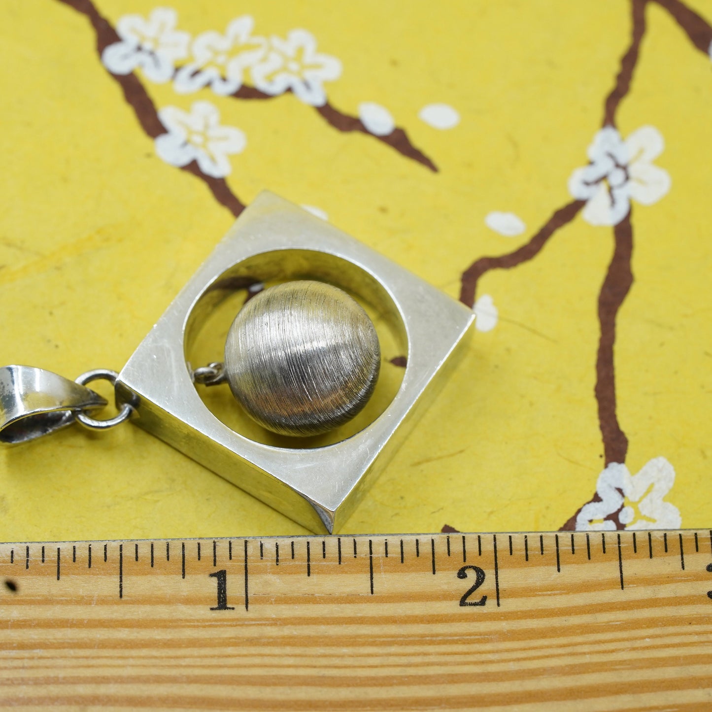 Vintage Mexican Sterling silver handmade pendant, modern 925 square w/ big bead