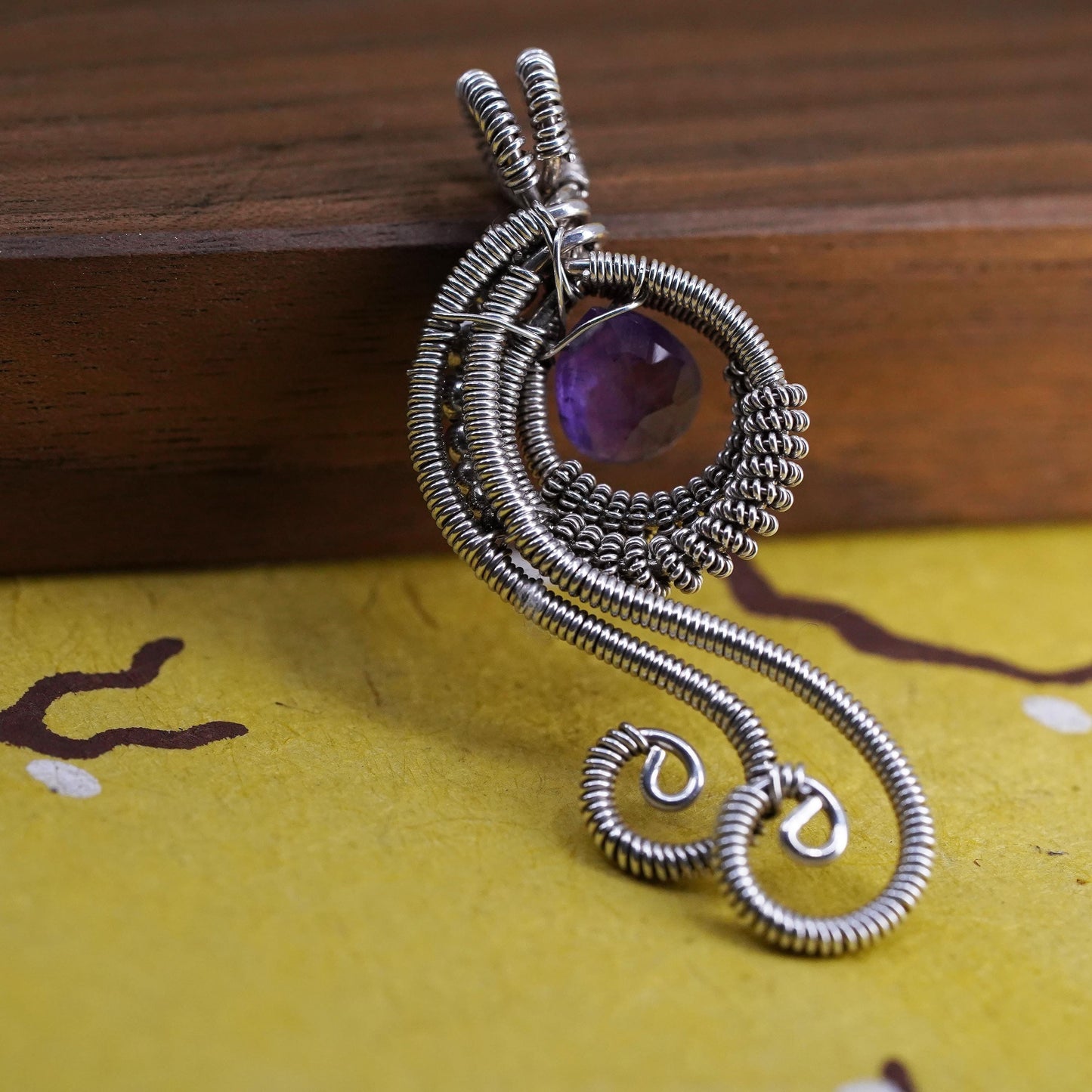Vintage Sterling silver handmade pendant, 925 wired teardrop with amethyst