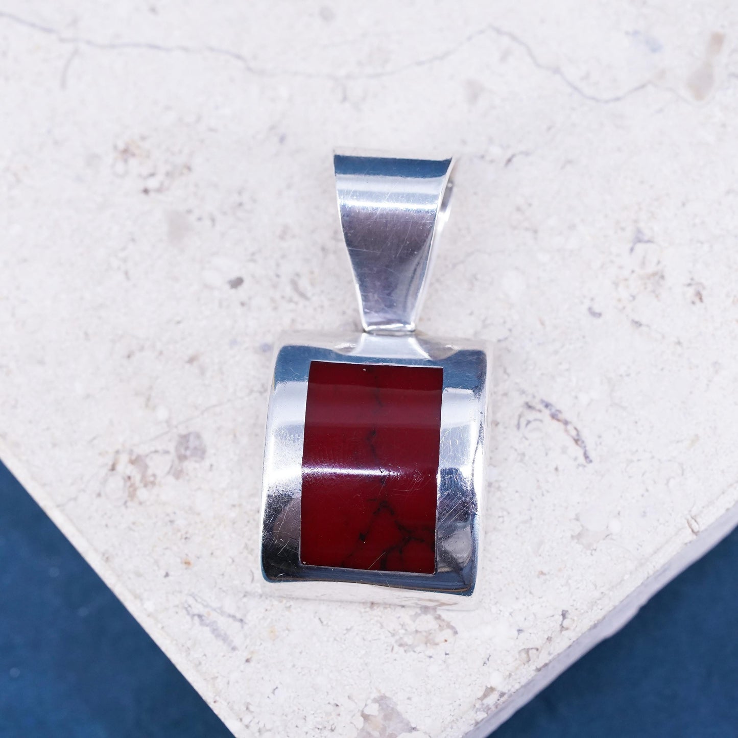 Vintage Mexican sterling 925 silver handmade rectangle pendant with red Jasper