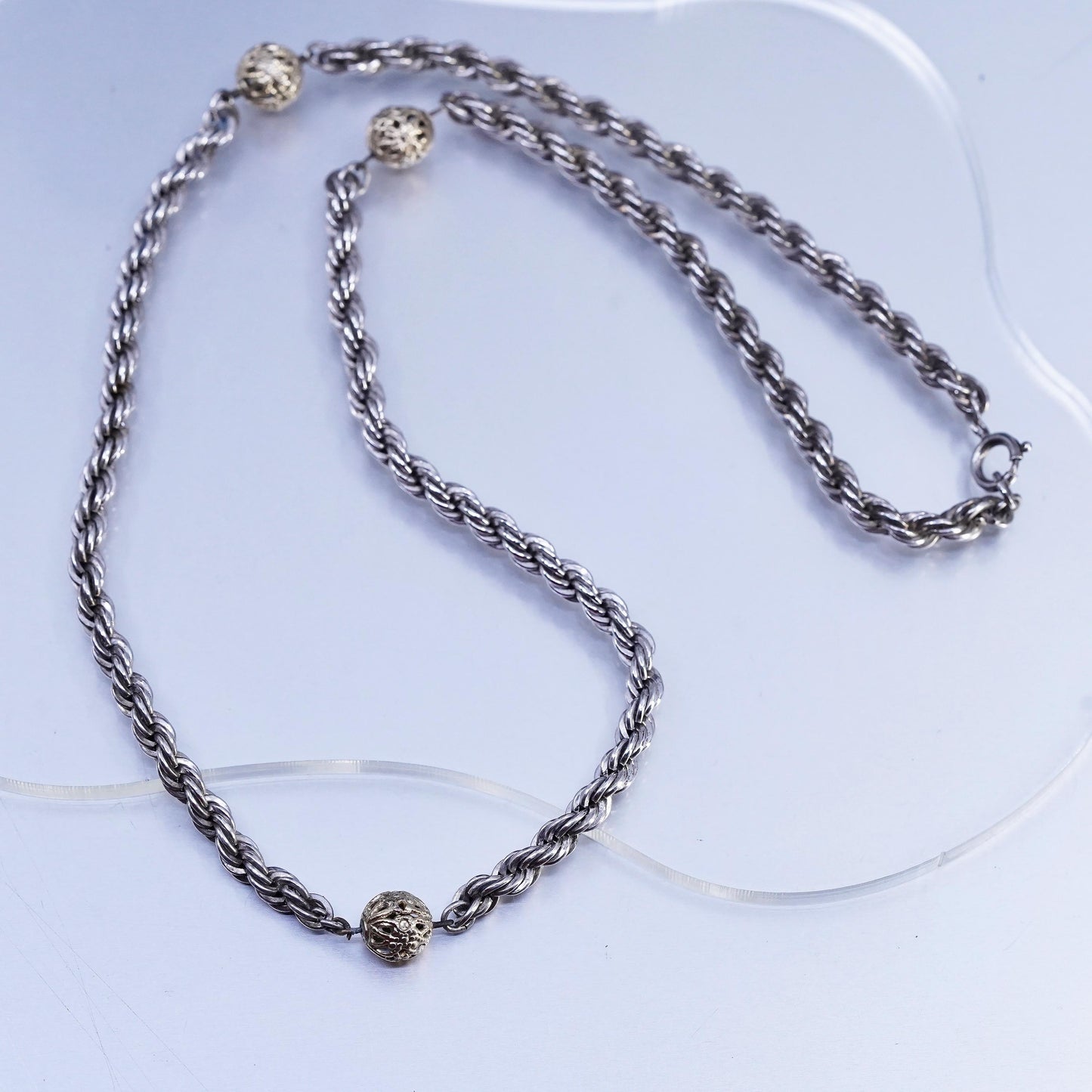 20" Italian Sterling 925 silver French rope necklace 14K gold filigree beads