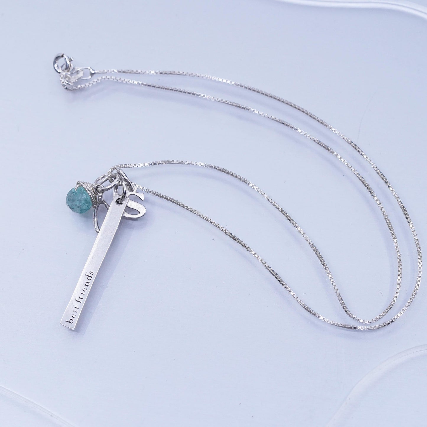 16”, Sterling 925 silver box necklace wishbone S best friends charms pendant