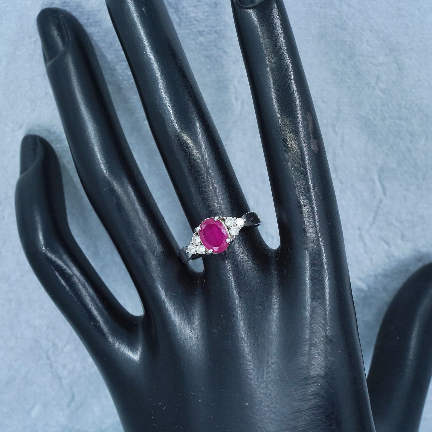Size 8, vintage Sterling 925 silver engagement ring with ruby and cz