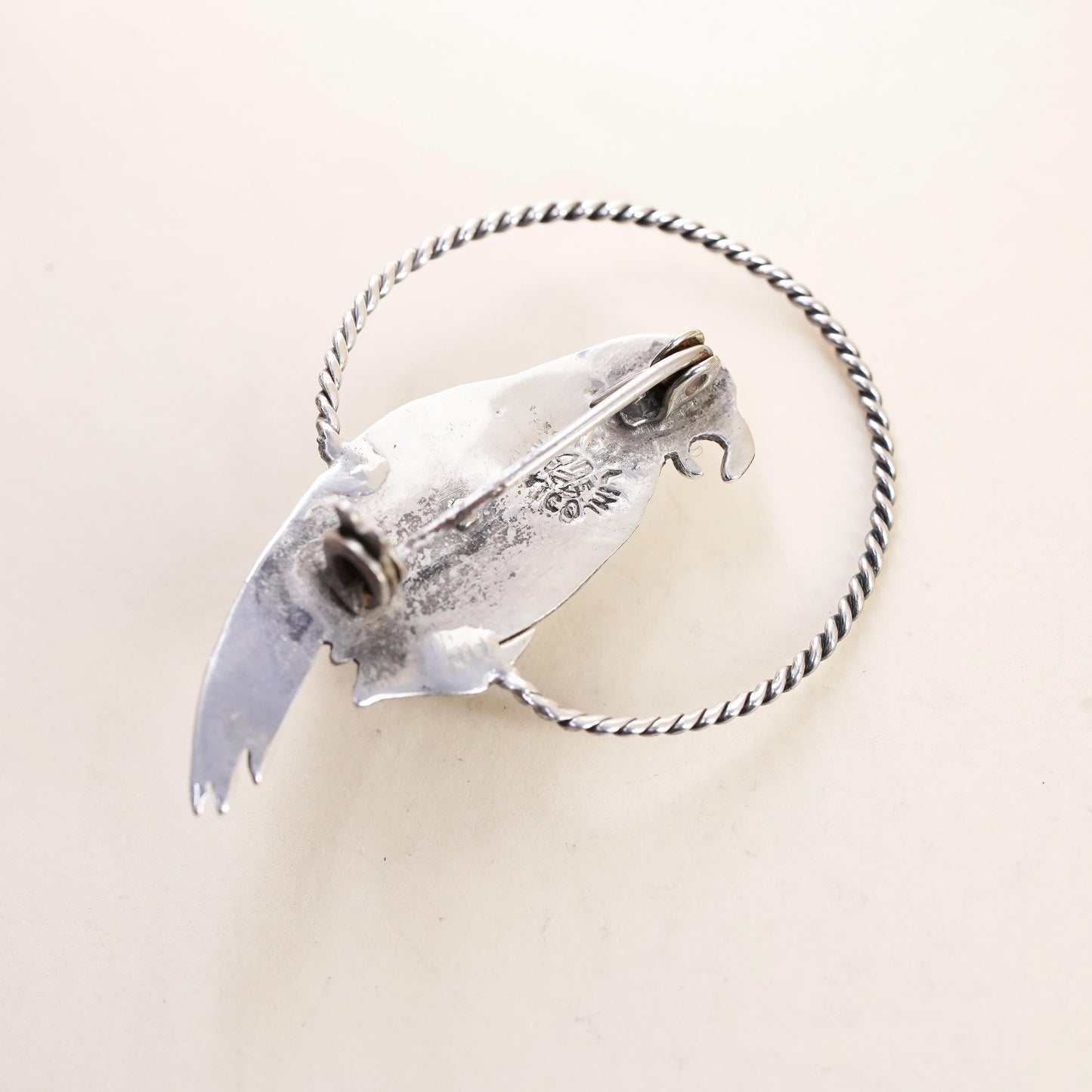 Vintage southwestern sterling silver brooch, 925 parrot bird pin with turquoise