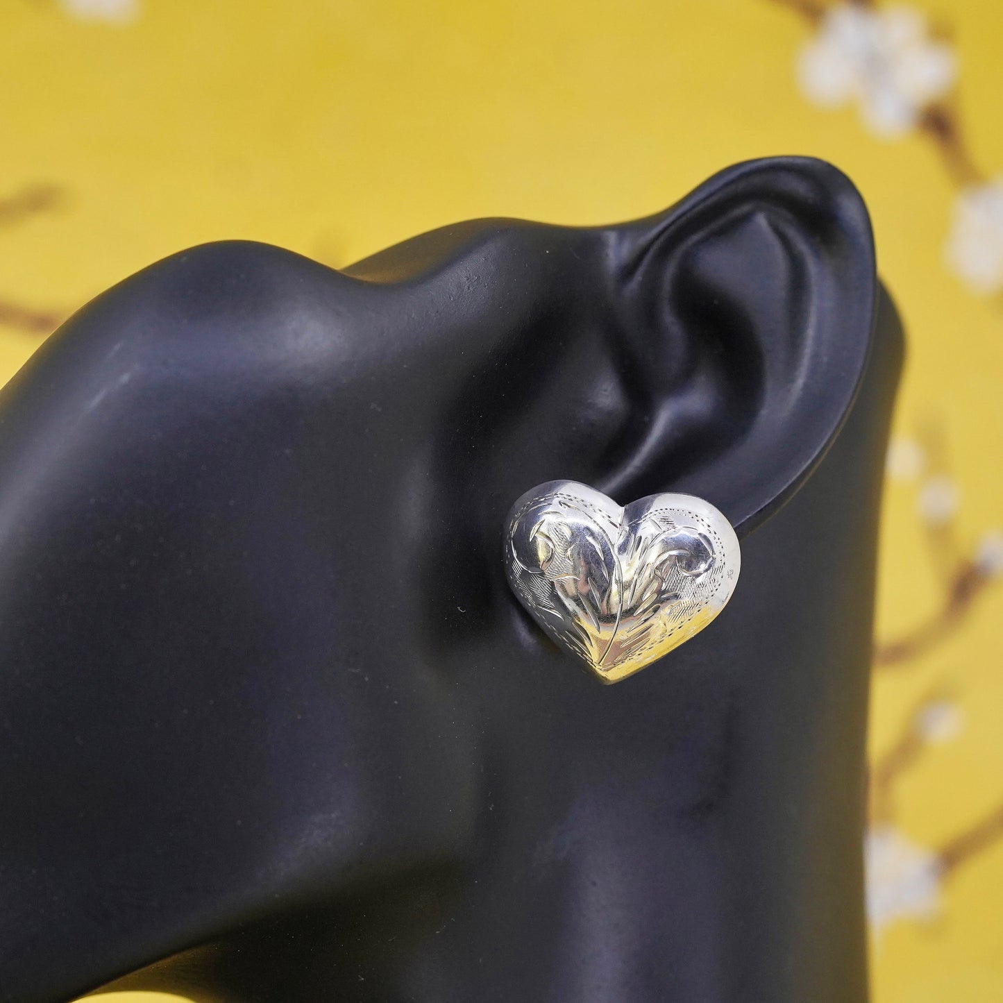Vintage Sterling silver handmade earrings, textured 925 heart studs