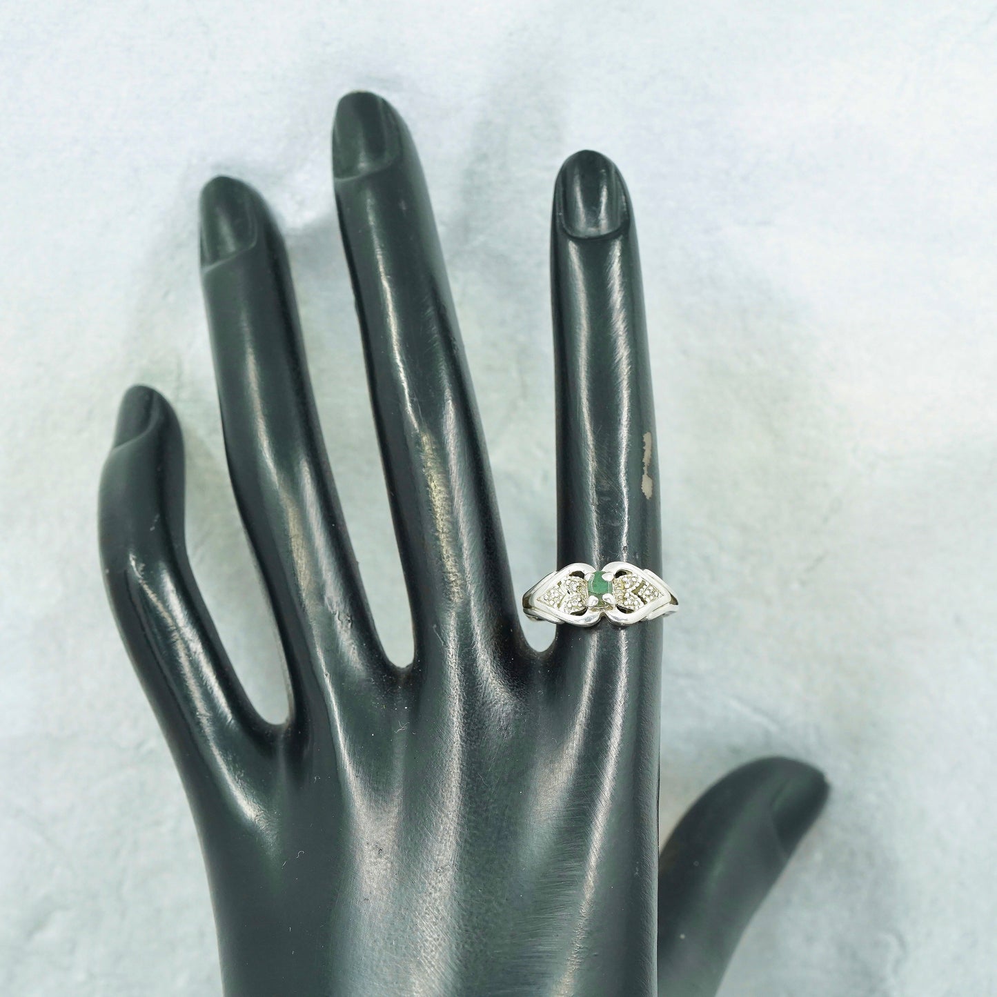 Size 6.5, vintage Sterling 925 silver handmade ring with jade and diamonds