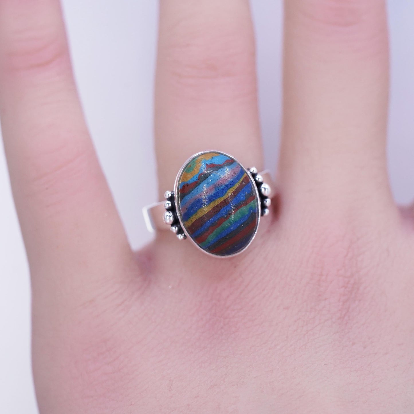 Size 8.75, vintage Sterling 925 silver handmade ring with landscape agate