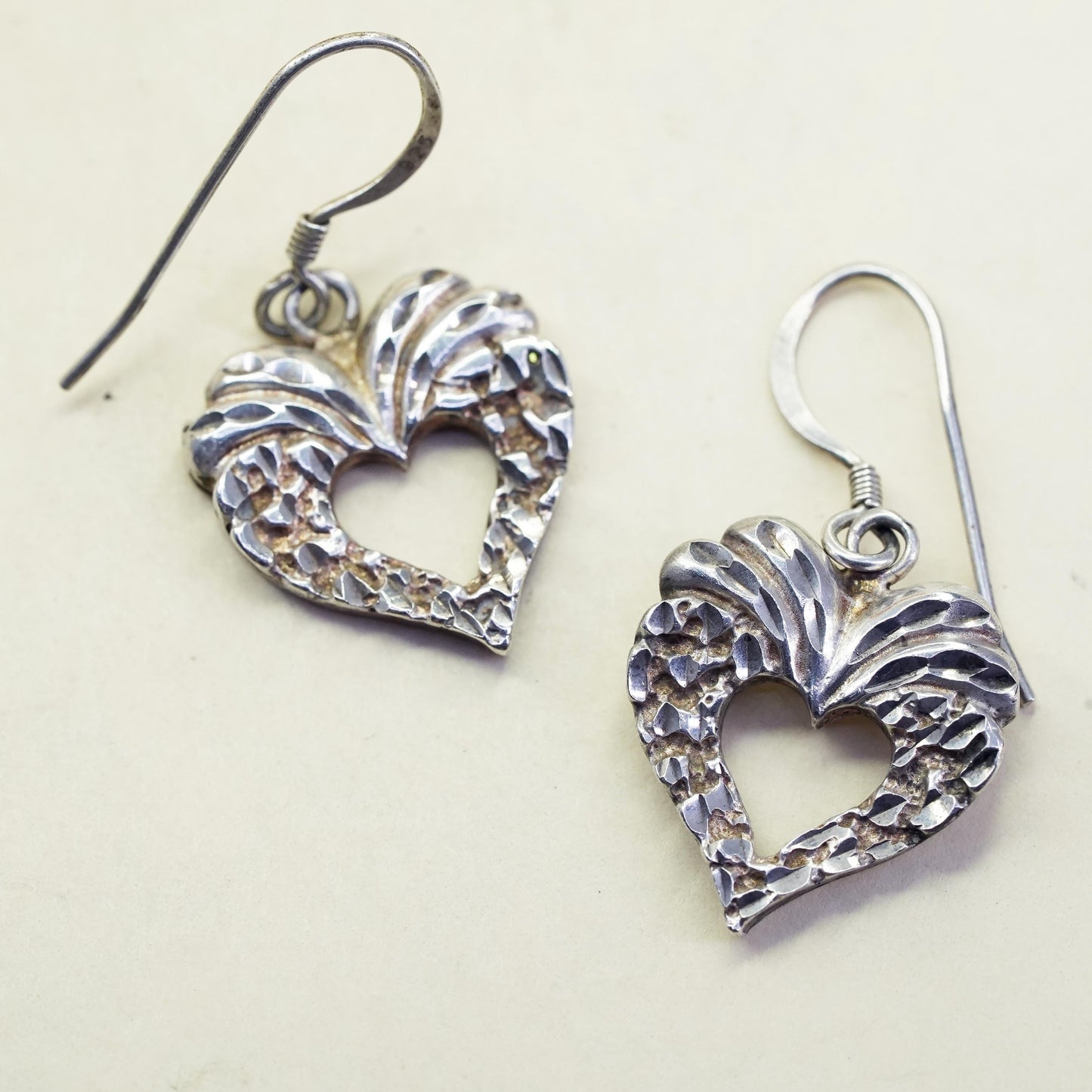 Vintage Sterling silver handmade earrings, textured 925 heart drops