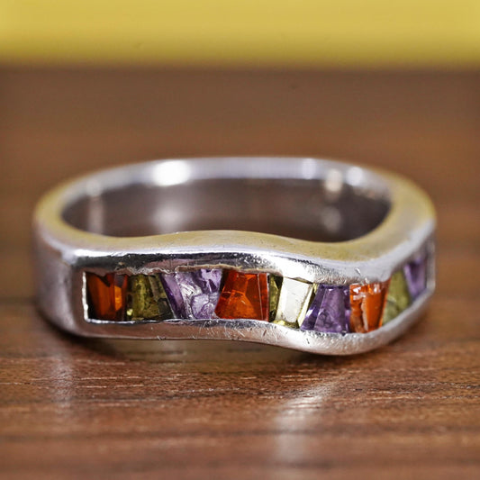 Size 7, vintage Sterling silver ring, modern 925 band w/ cluster multi color cz