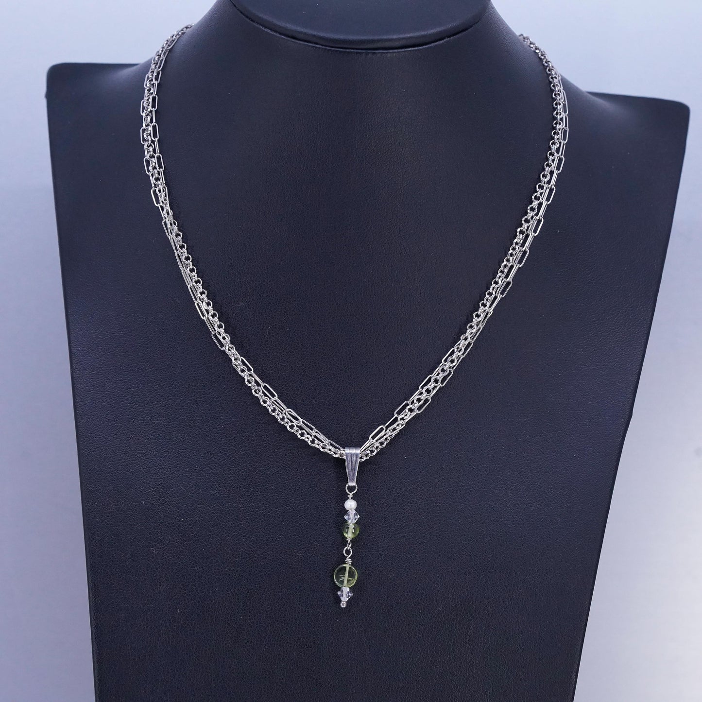 16+2" Sterling 925 silver multi strands elongated oval necklace peridot pendant