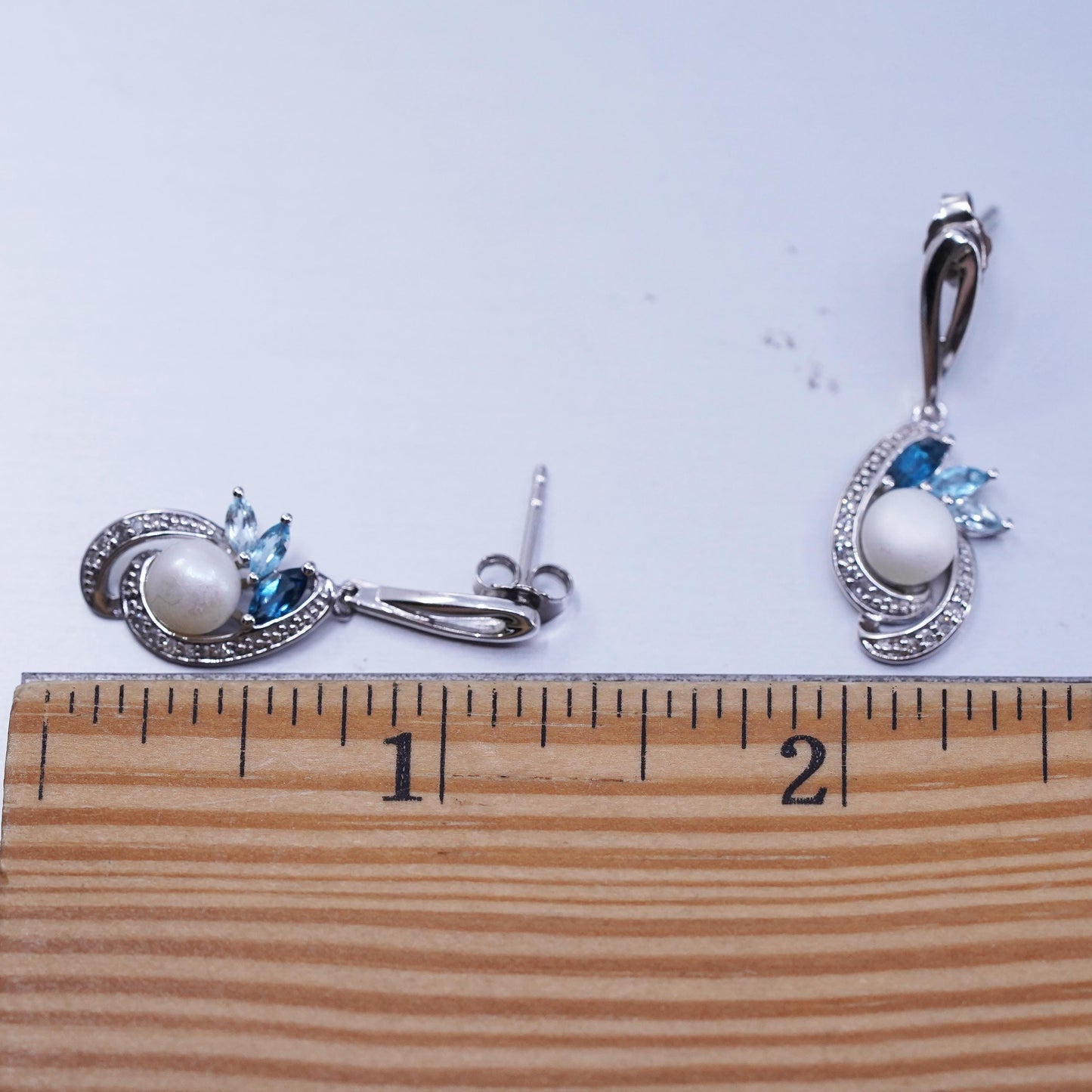 Vintage Sterling 925 silver handmade earrings with pearl topaz and diamonds