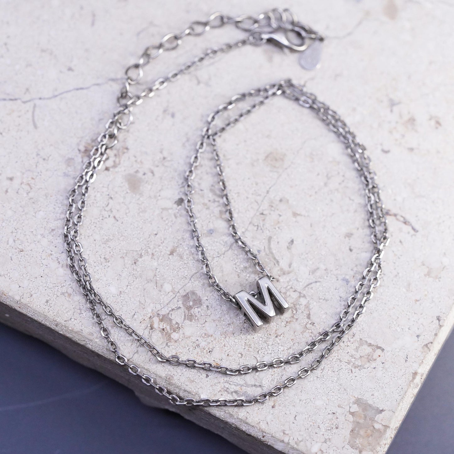 16+2", 1mm, vintage Sterling silver necklace, 925 circle chain w/ tag letter M