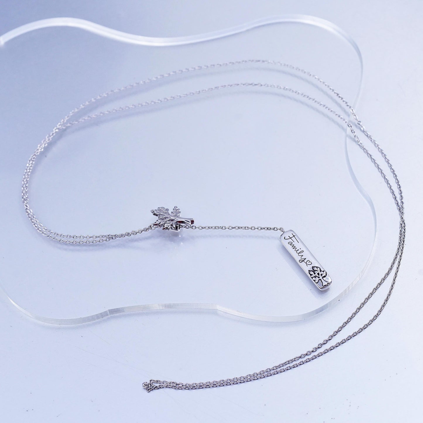 32" Sterling 925 silver extra long circle necklace w/ tree tag embossed family
