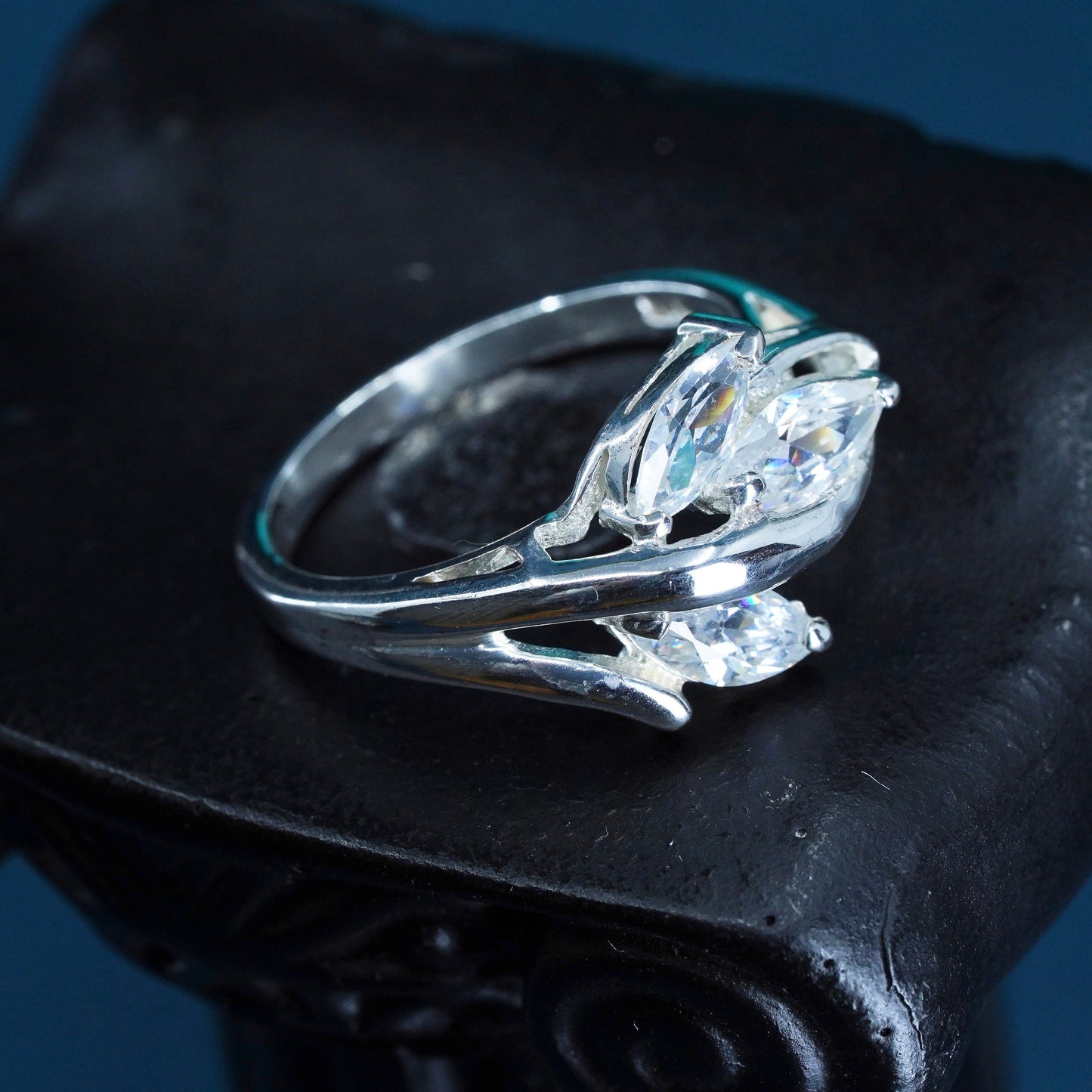 Size 9.5, vintage Sterling 925 silver handmade engagement ring with cz details