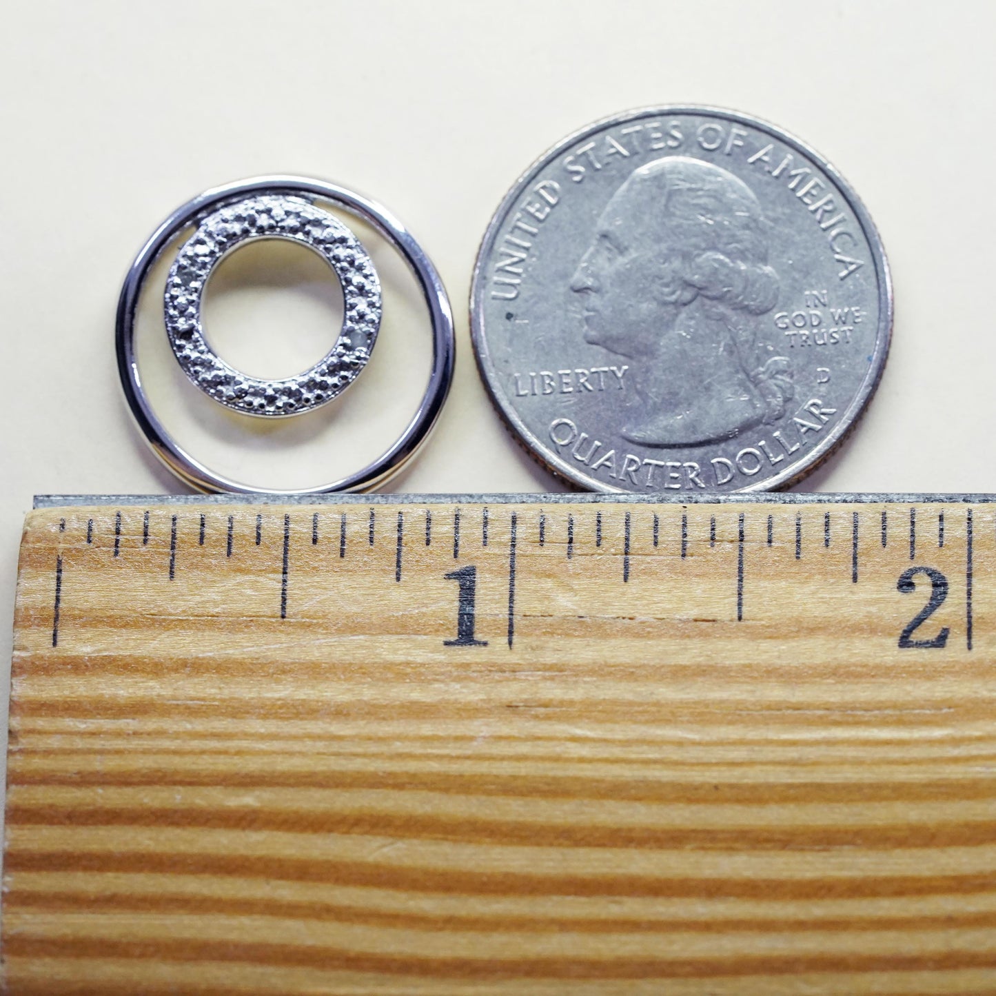 Vintage modern sterling silver pendant, 925 double circle with diamond