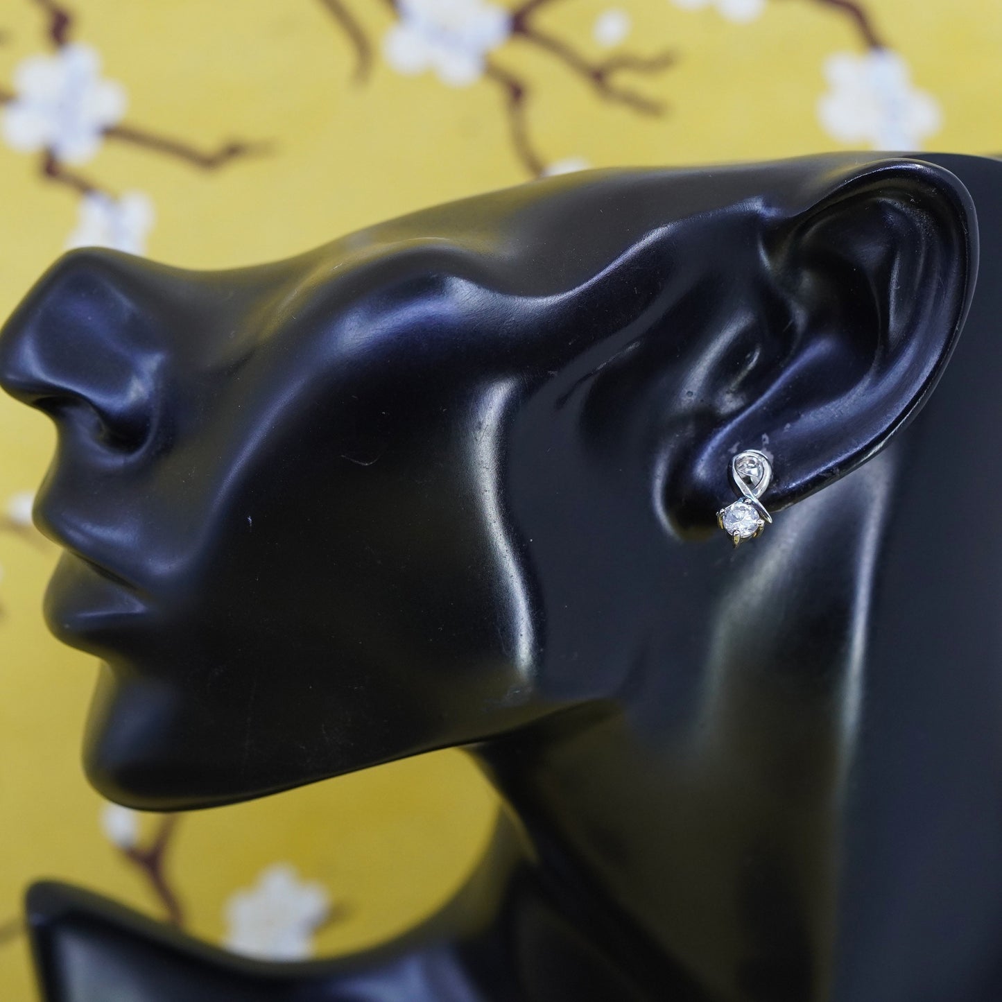 Vintage Sterling silver ribbon bow studs, cz earrings